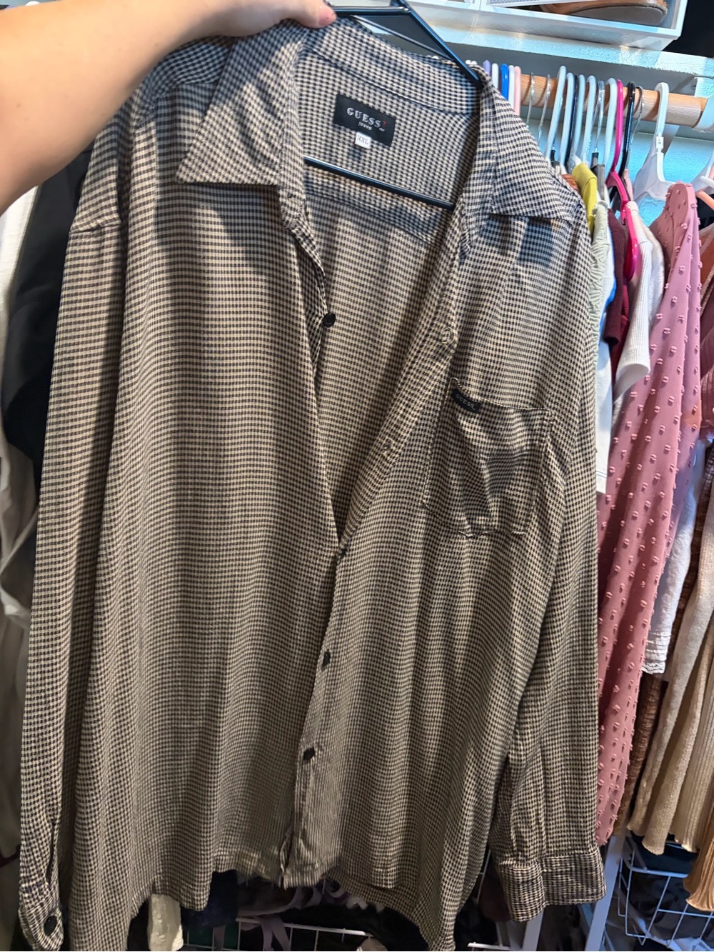Guess Black and White Houndstooth Button-Down Shirt